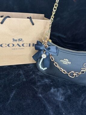 Coach Black Leather Chain Shoulder Bag with Gold Accents